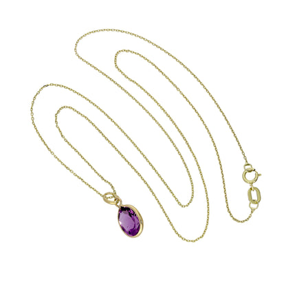 9 Karat Gold & Amethyst CZ Kristall Oval Anhänger Halskette 40,5 - 51cm