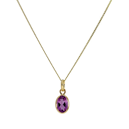 Halskette mit ovalem Anhänger aus 9 Karat Gold und Amethyst-CZ, 40–50 cm