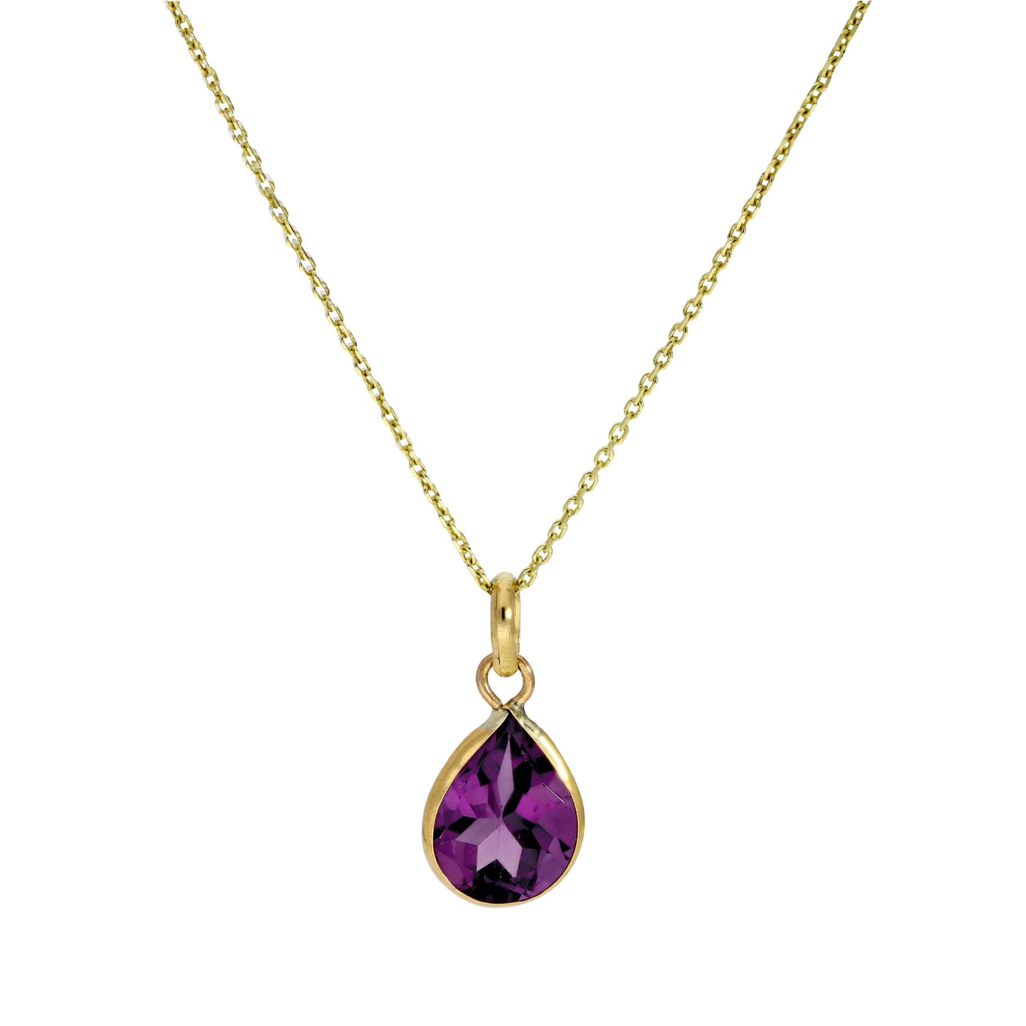 Halskette mit tropfenförmigem Anhänger aus 9 Karat Gold und Amethyst-CZ-Kristall, 16–20 Zoll