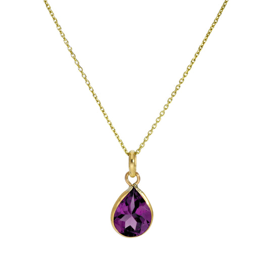 Halskette mit tropfenförmigem Anhänger aus 9 Karat Gold und Amethyst-CZ-Kristall, 16–20 Zoll