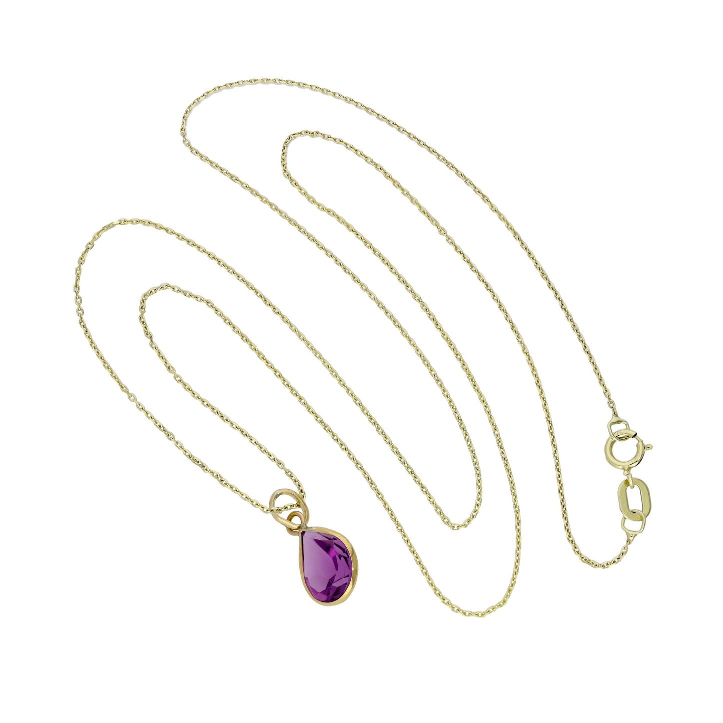 Halskette mit tropfenförmigem Anhänger aus 9 Karat Gold und Amethyst-CZ-Kristall, 16–20 Zoll