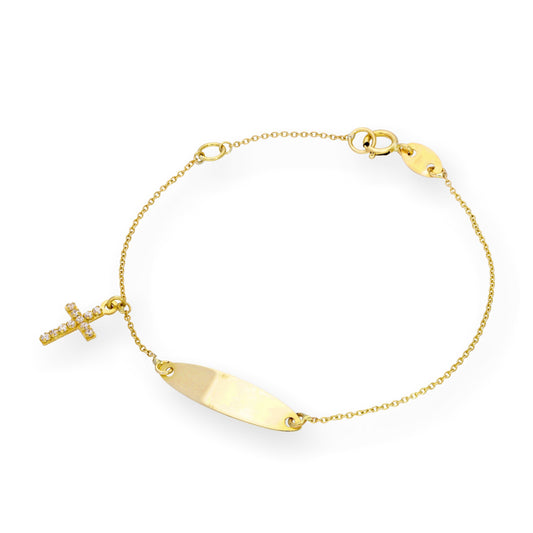 9 Karat Gold & CZ Kristall Namensschild & Kreuz Kinder Armband