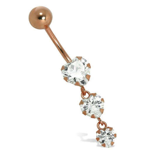 9ct Rose Gold & Clear CZ Crystal Triple Heart Belly Bar - jewellerybox