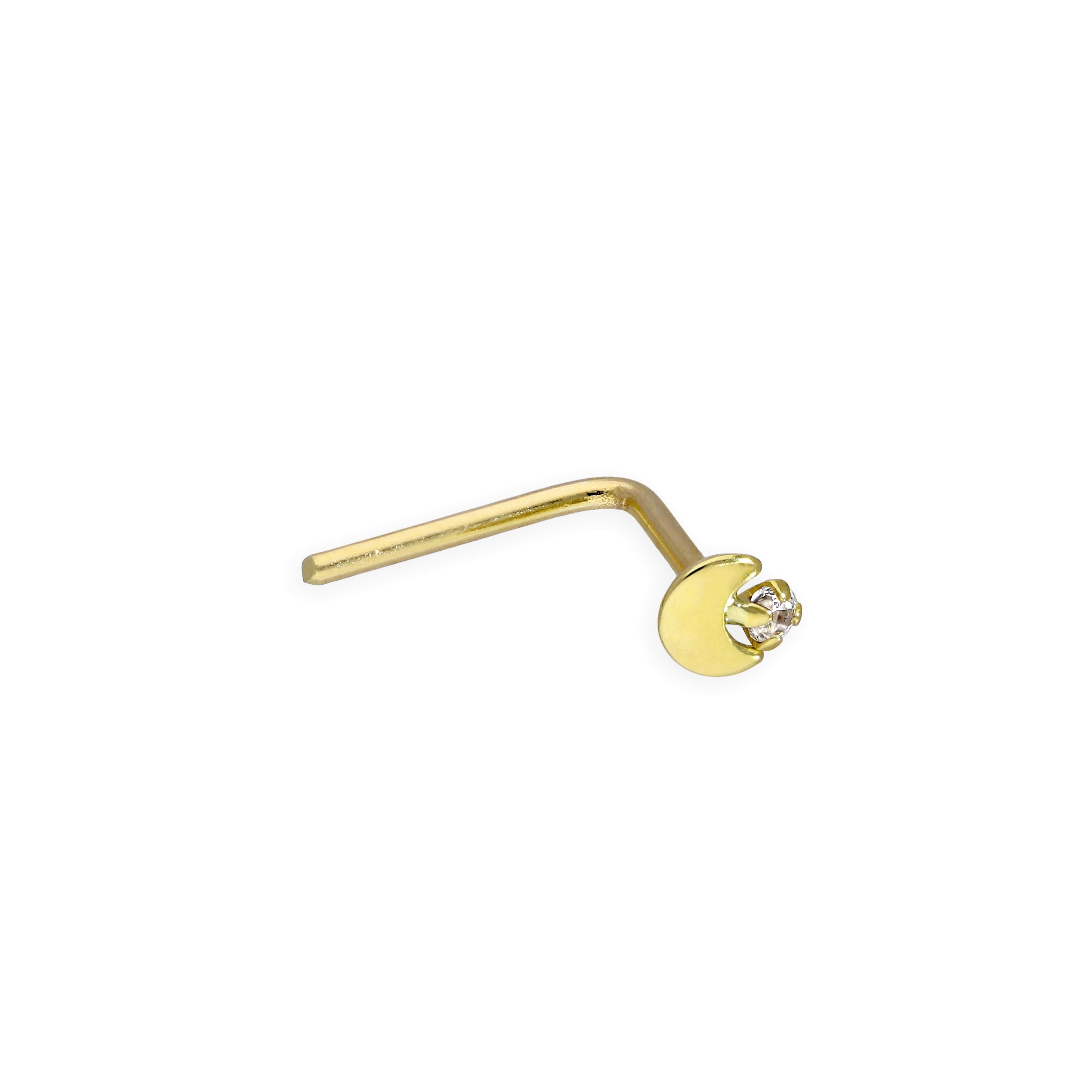 9 Karat Gold & Klar CZ Kristall 22Ga Mond & Stern L - förmig Nasenstecker
