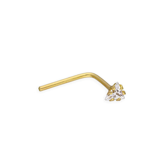 9ct Gold & Clear CZ Crystal 22Ga Triangle L-Shaped Nose Stud - jewellerybox