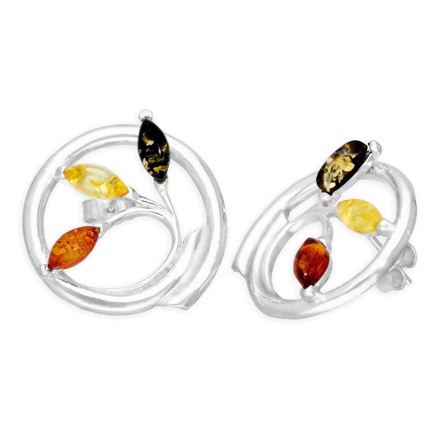 Sterling Silver & Multicoloured Baltic Amber Vine Swirl Stud Earrings