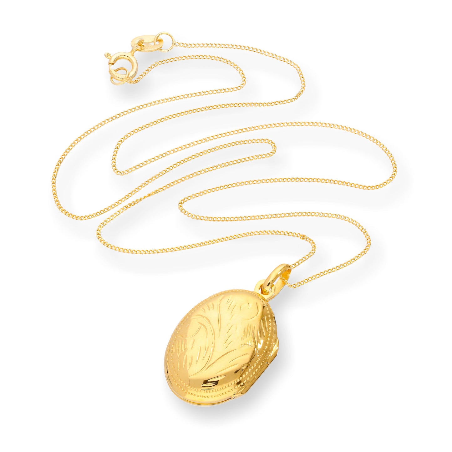 Goldplattiertes, graviertes ovales Medaillon aus Sterlingsilber an einer Kette, 16–22 Zoll