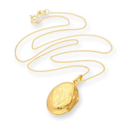 Goldplattiertes, graviertes ovales Medaillon aus Sterlingsilber an einer Kette, 16–22 Zoll