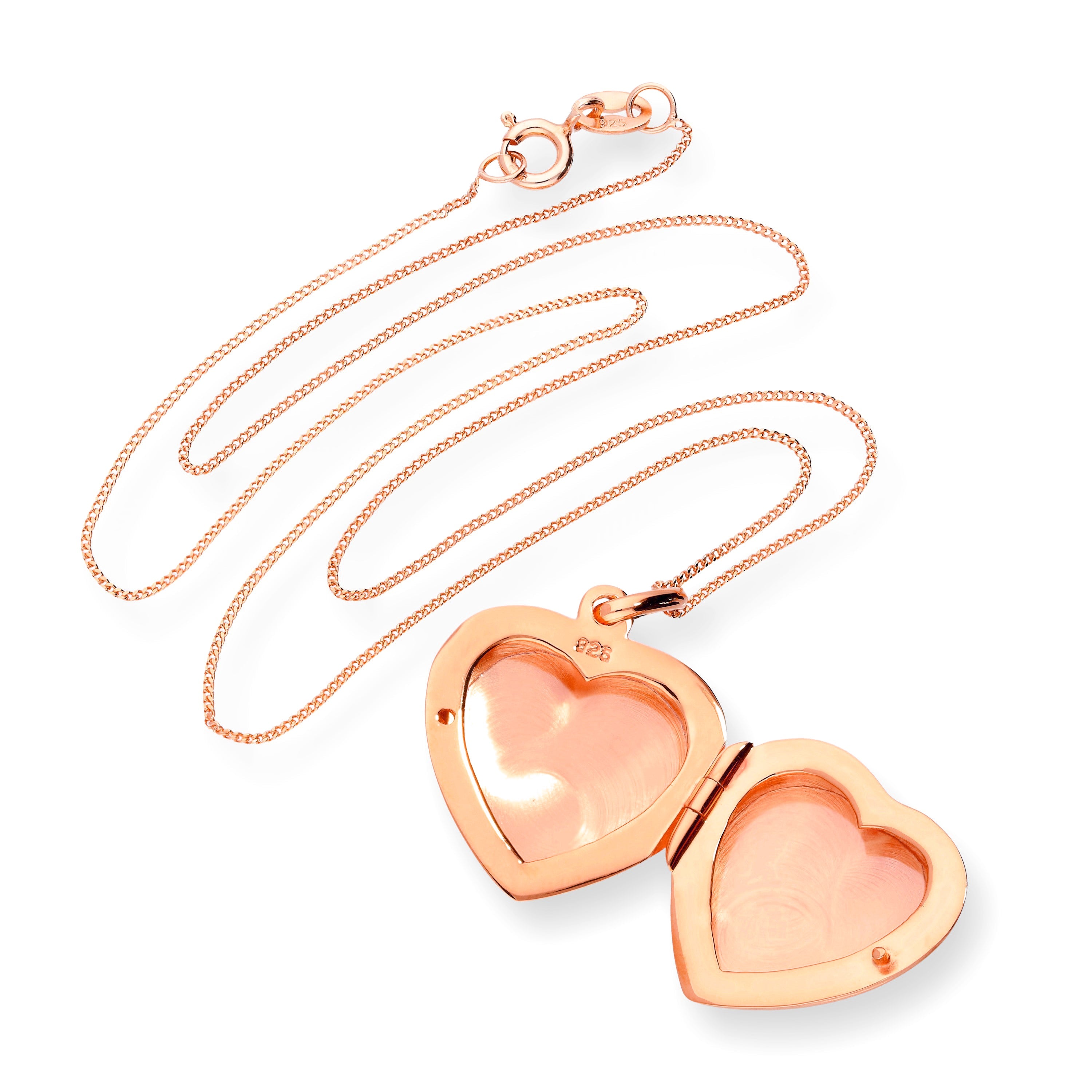 Roségold-beschichtetes, graviertes Herzmedaillon aus Sterlingsilber 16–22 Zoll