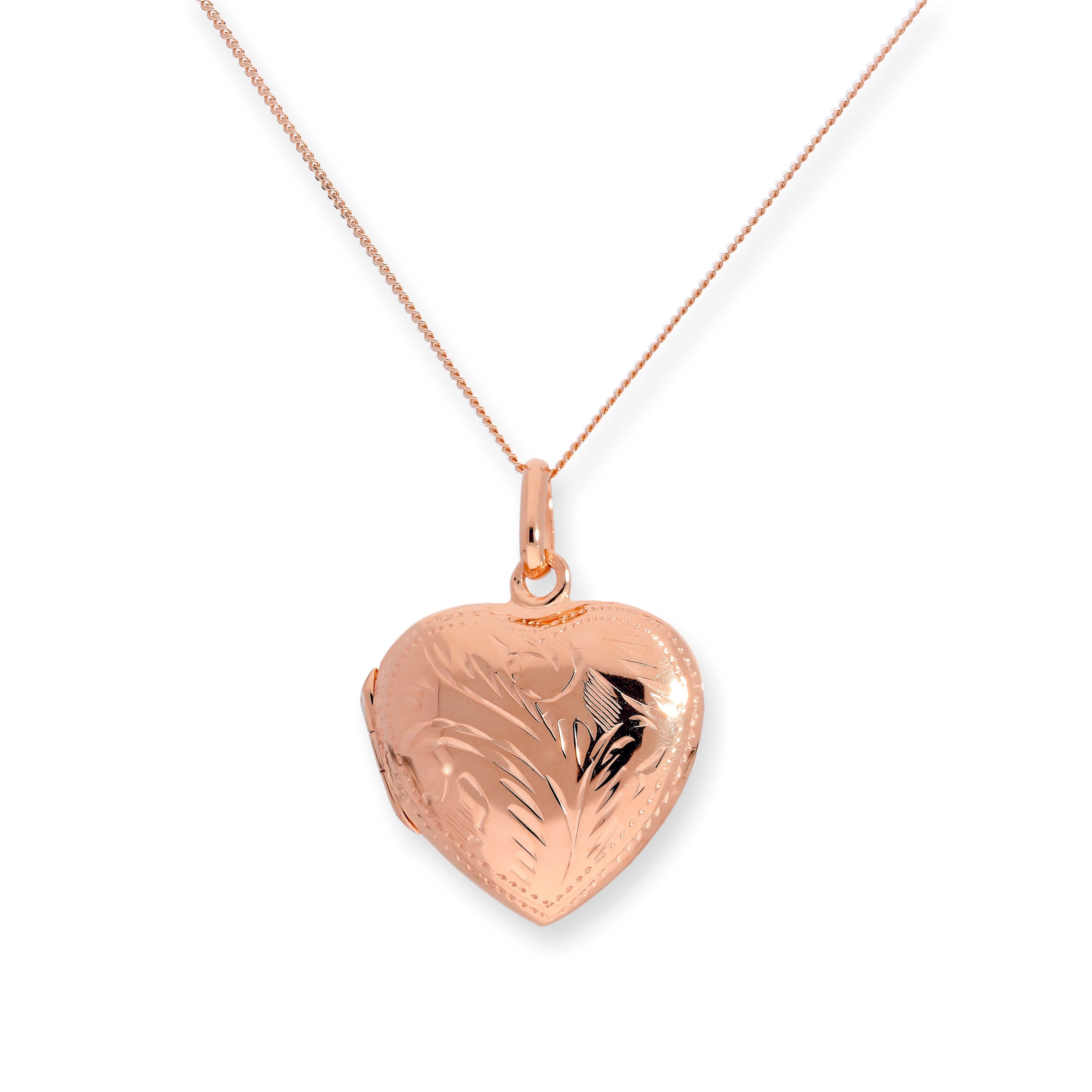 Roségold-beschichtetes, graviertes Herzmedaillon aus Sterlingsilber 16–22 Zoll