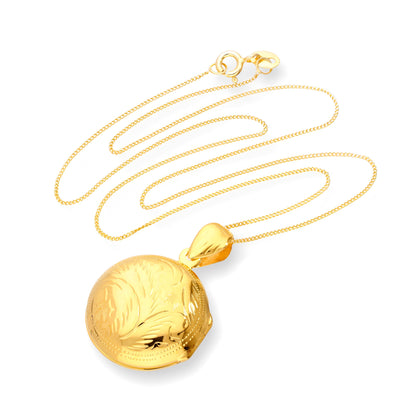 Vergoldetes, graviertes, rundes Medaillon aus Sterlingsilber mit Kette, 16–22 Zoll