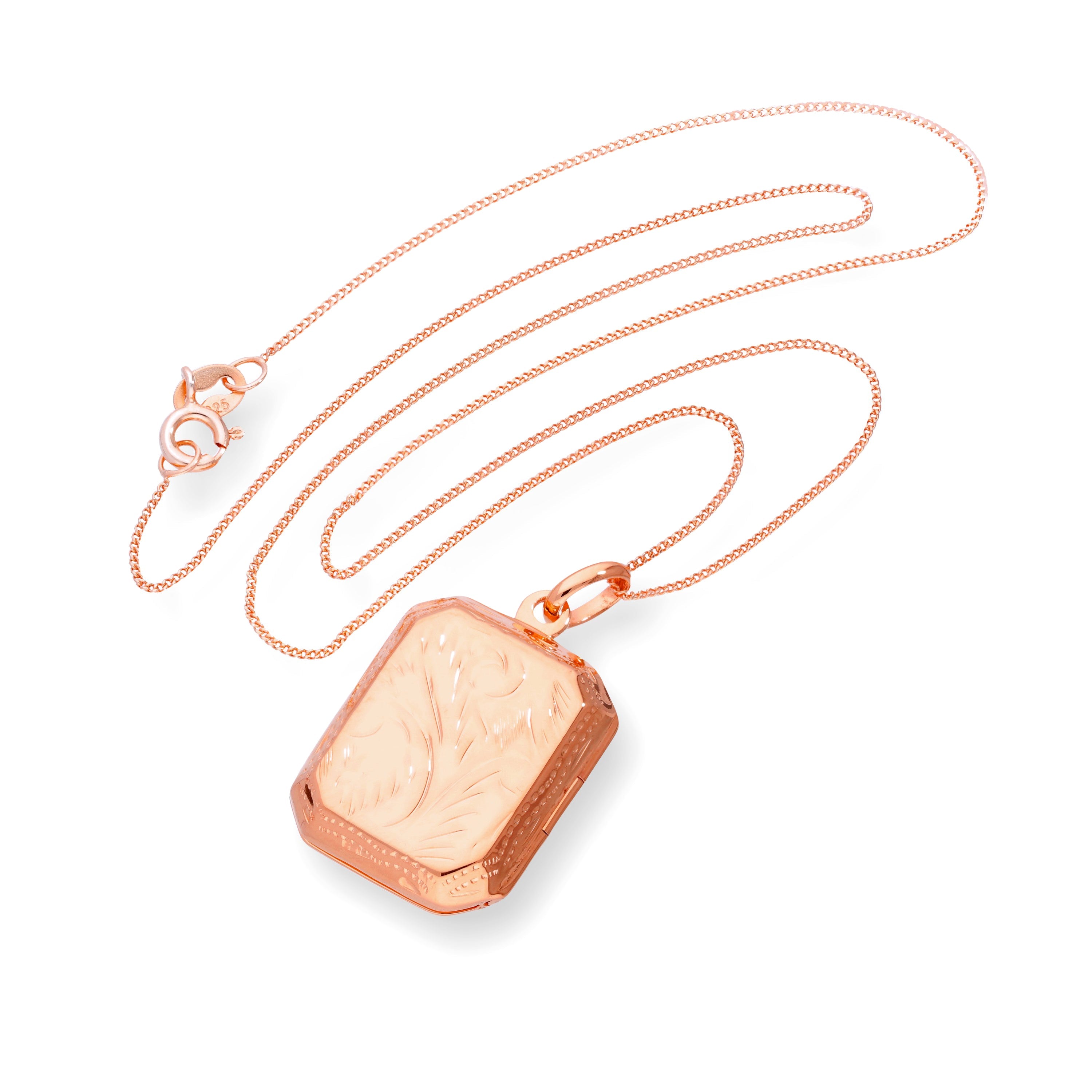 Roségoldbeschichtetes, graviertes, achteckiges Medaillon aus Sterlingsilber, 16–22 Zoll