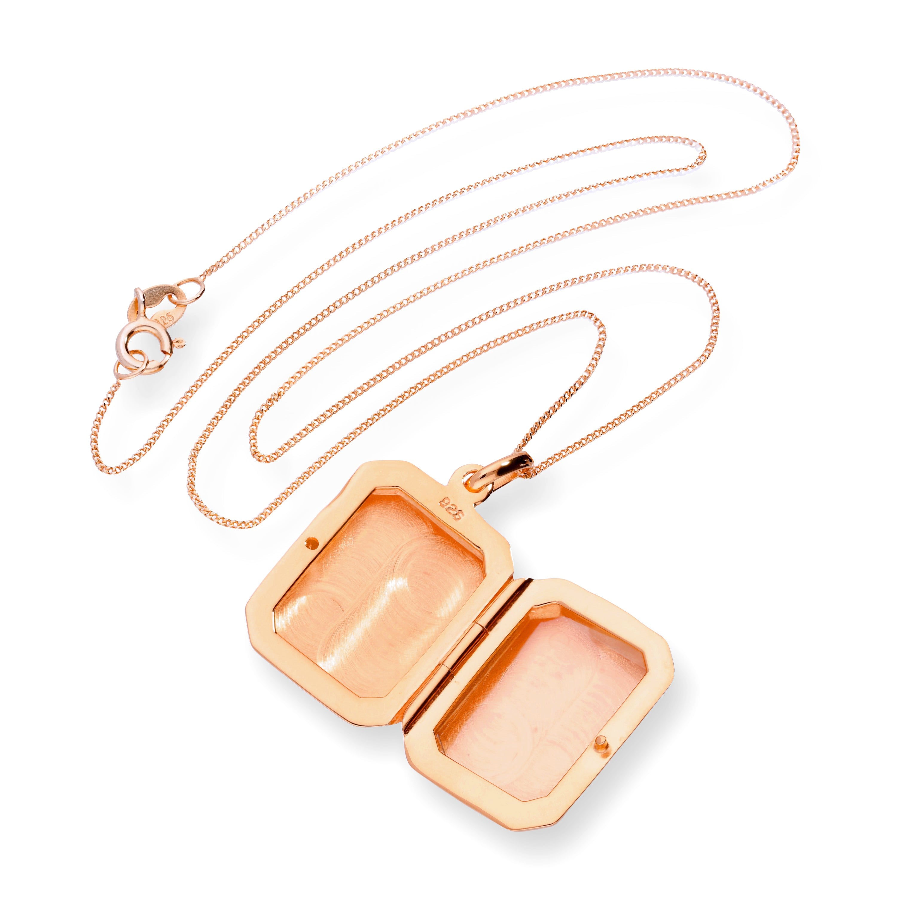 Roségoldbeschichtetes, graviertes, achteckiges Medaillon aus Sterlingsilber, 16–22 Zoll