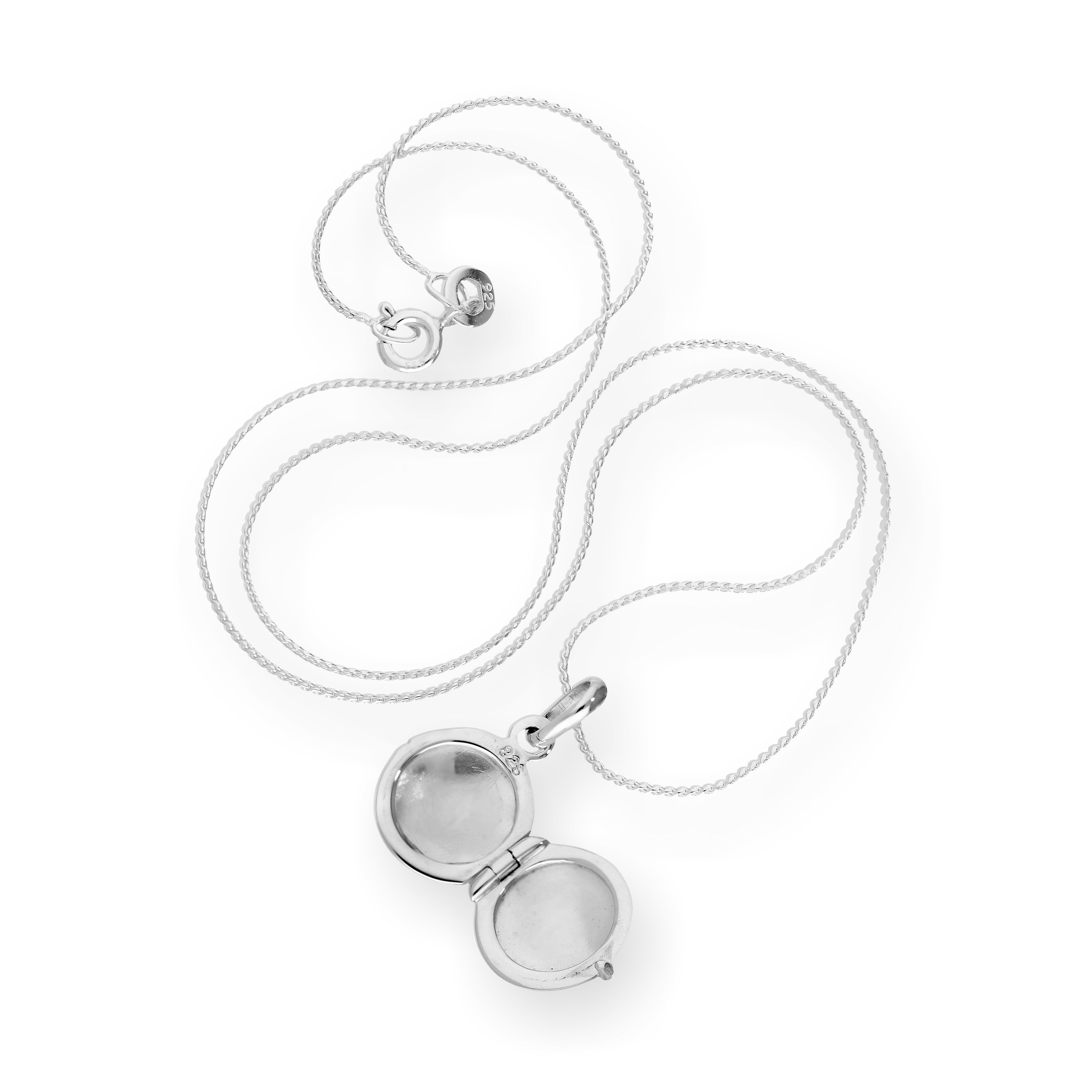 Winziges, graviertes, rundes Medaillon aus Sterlingsilber an einer Kette, 16–22 Zoll