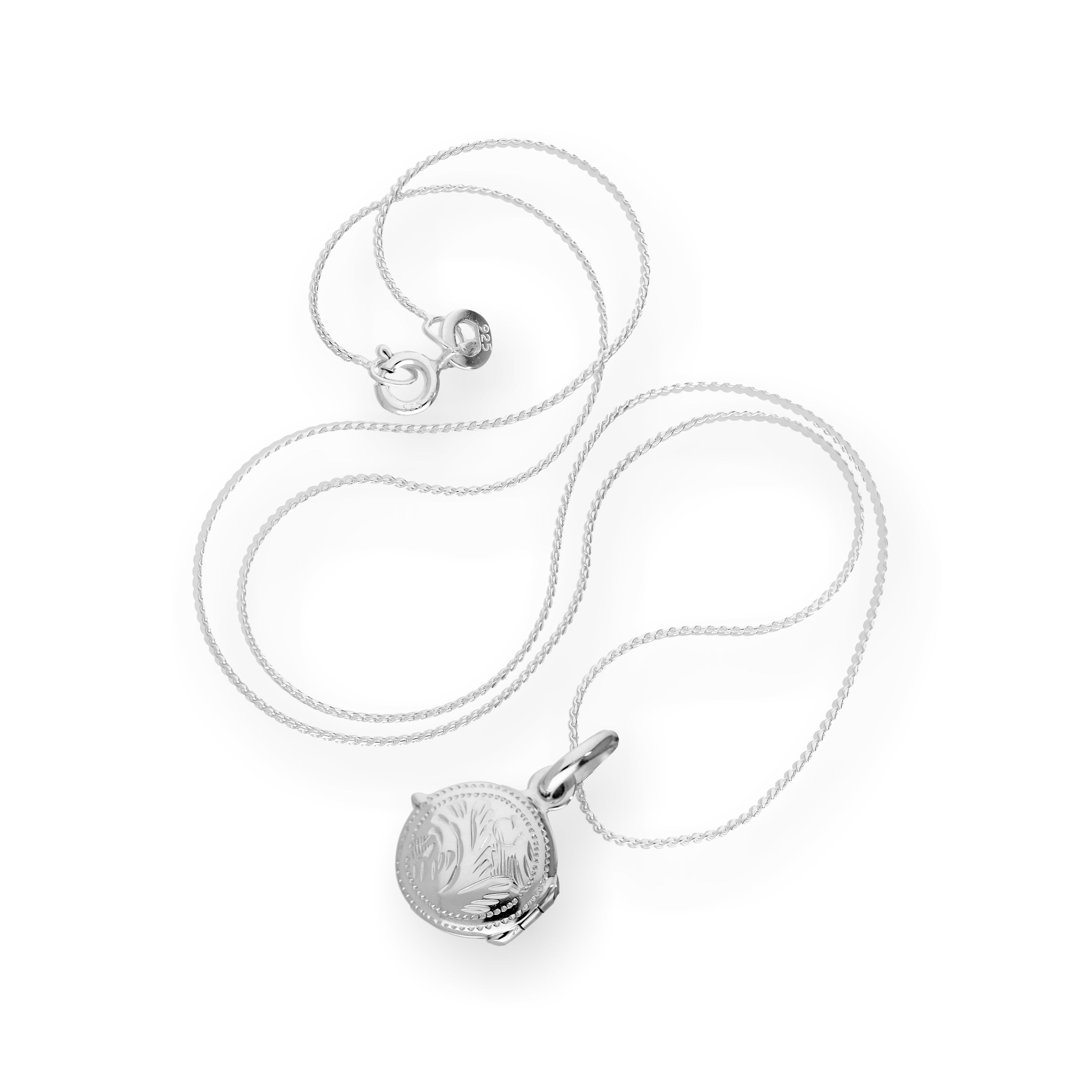 Winziges, graviertes, rundes Medaillon aus Sterlingsilber an einer Kette, 16–22 Zoll