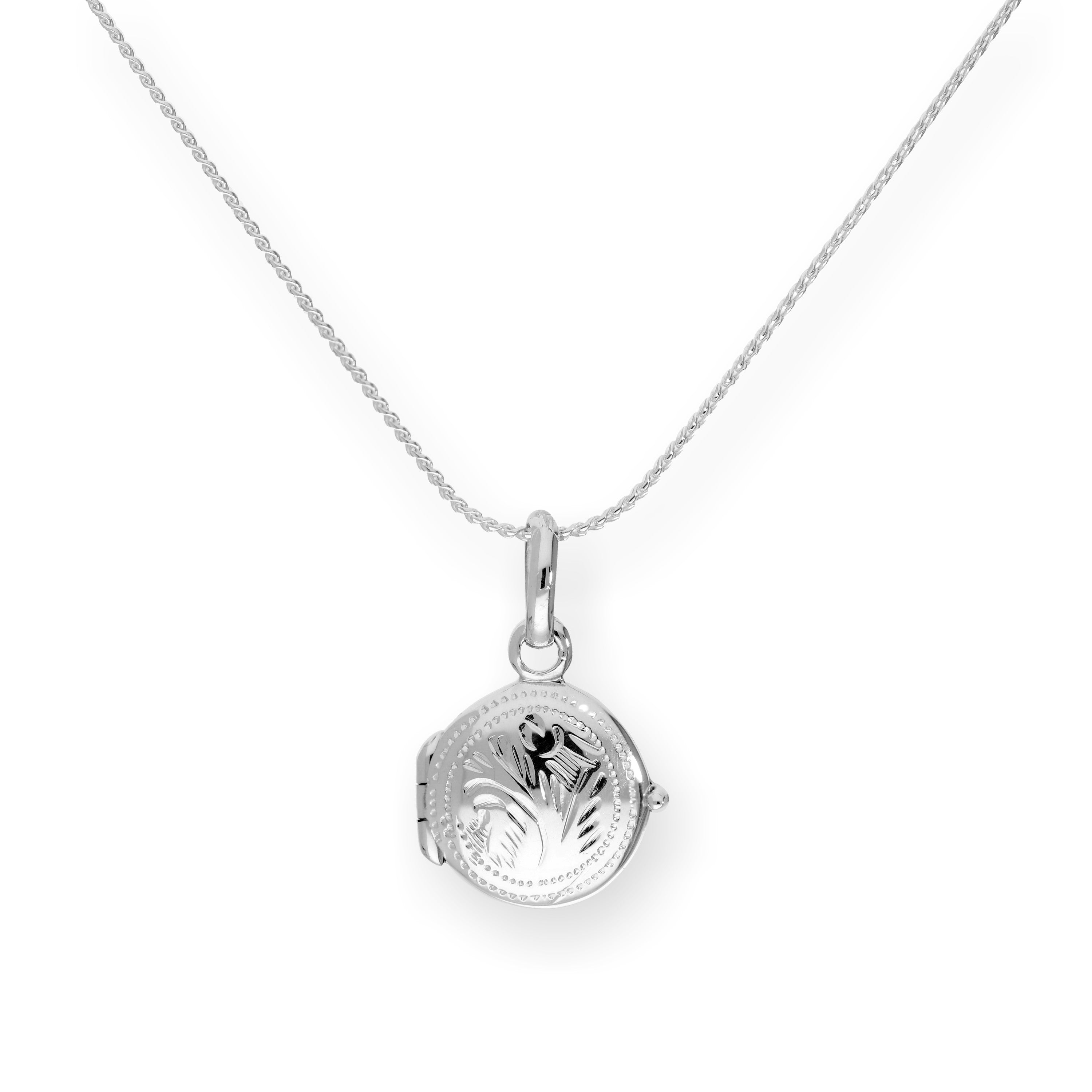 Winziges, graviertes, rundes Medaillon aus Sterlingsilber an einer Kette, 16–22 Zoll