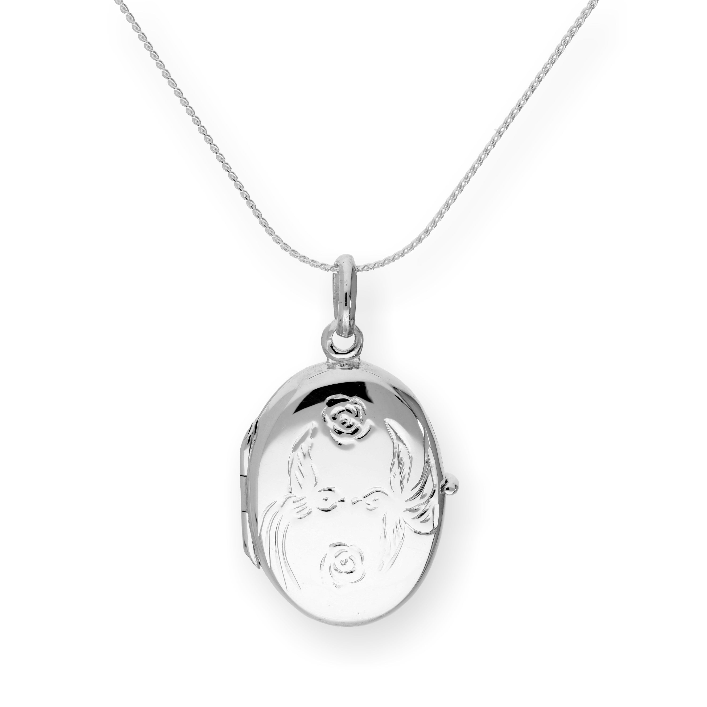 Ovales Medaillon aus Sterlingsilber mit küssenden Turteltauben und Rosen an einer Kette, 40–56 cm