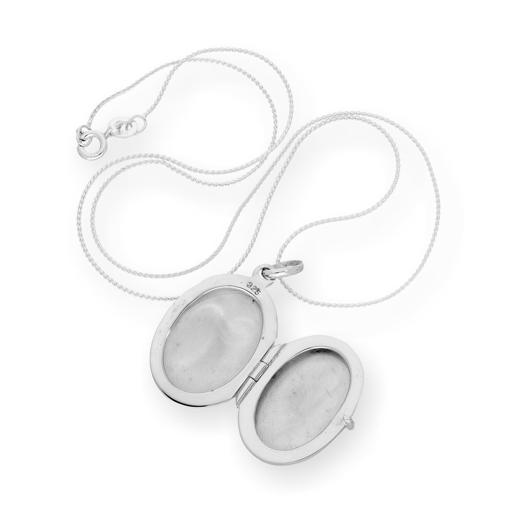 Ovales Medaillon aus Sterlingsilber mit küssenden Turteltauben und Rosen an Kette, 35 - 70 cm