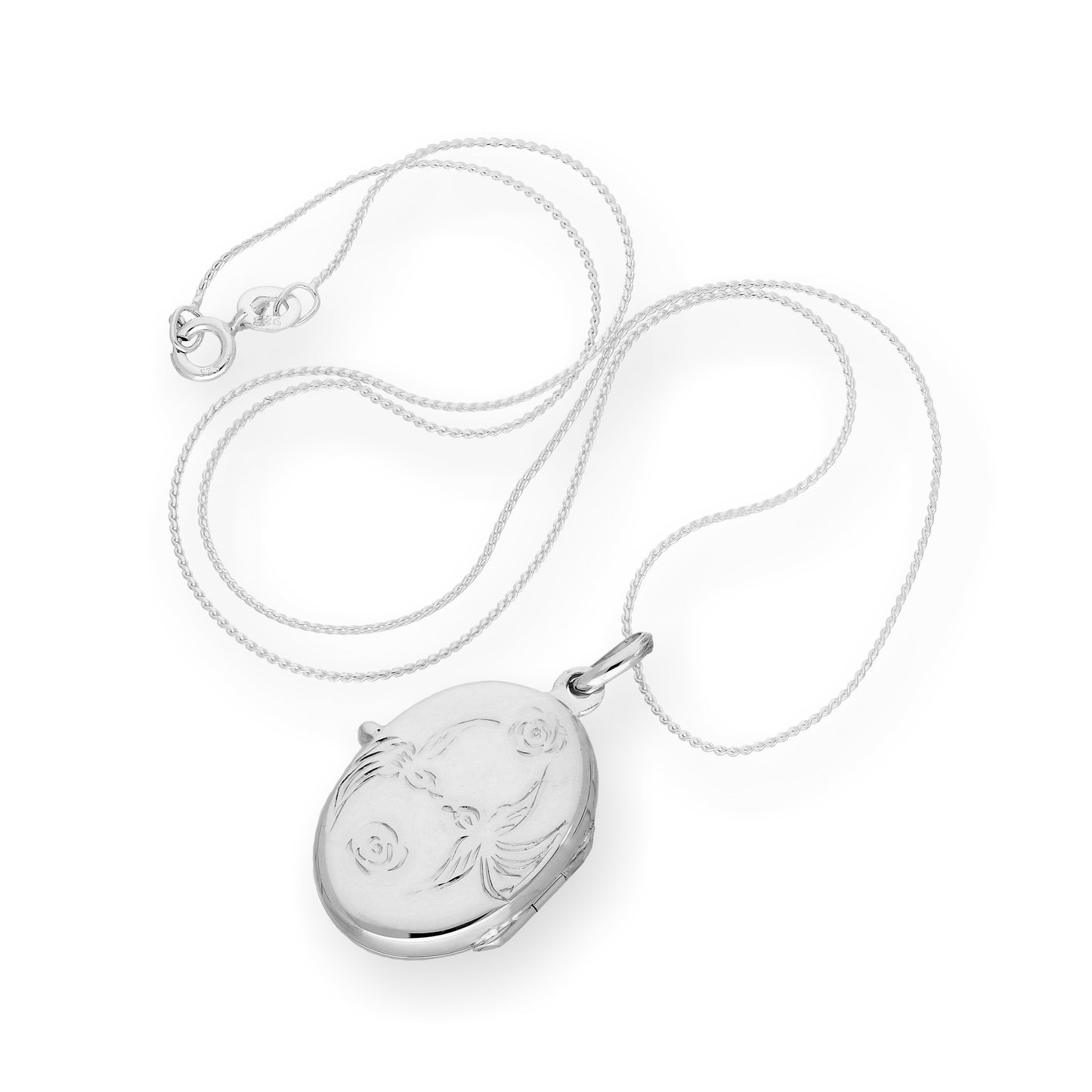 Ovales Medaillon aus Sterlingsilber mit küssenden Turteltauben und Rosen an einer Kette, 40–56 cm