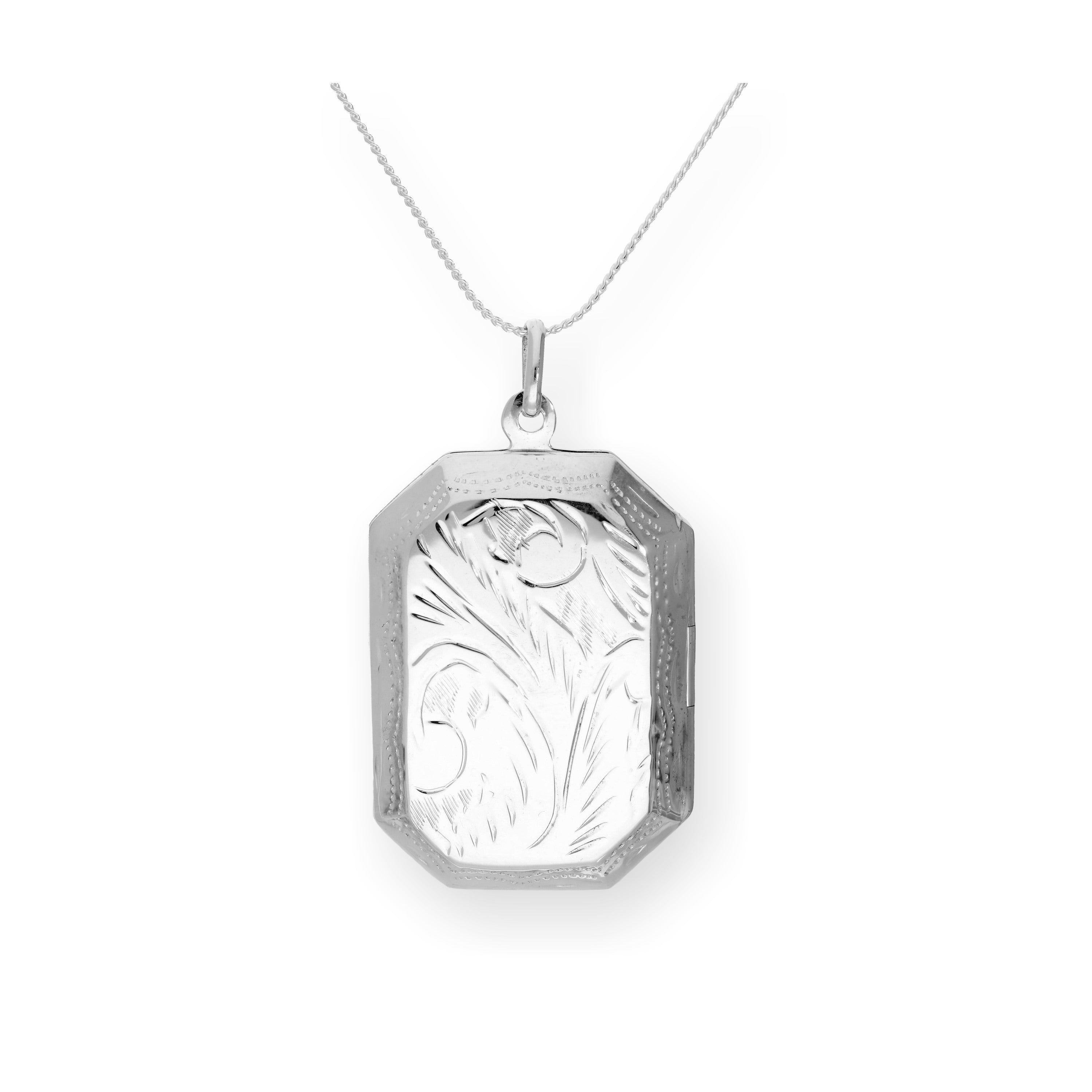 Großes graviertes achteckiges Medaillon aus Sterlingsilber an einer Kette, 40–56 cm