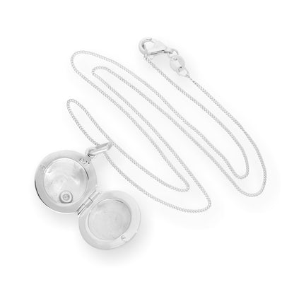 Graviertes rundes Medaillon aus Sterlingsilber und CZ-Kristall an einer 16–22 Zoll langen Kette