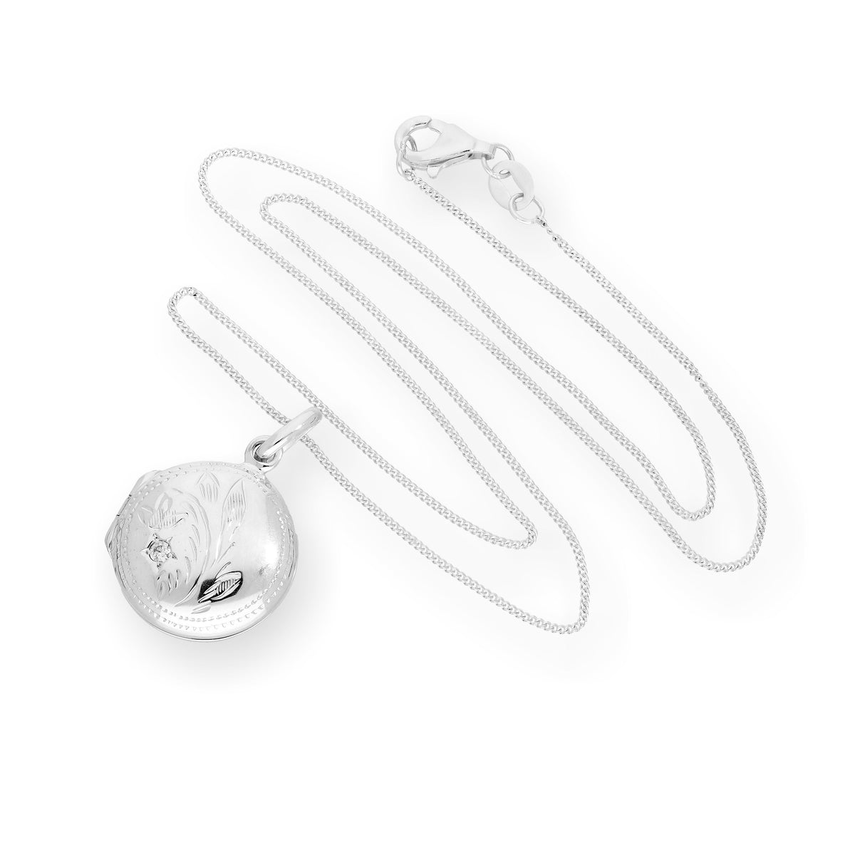 Graviertes rundes Medaillon aus Sterlingsilber und CZ-Kristall an einer 40–55 cm langen Kette