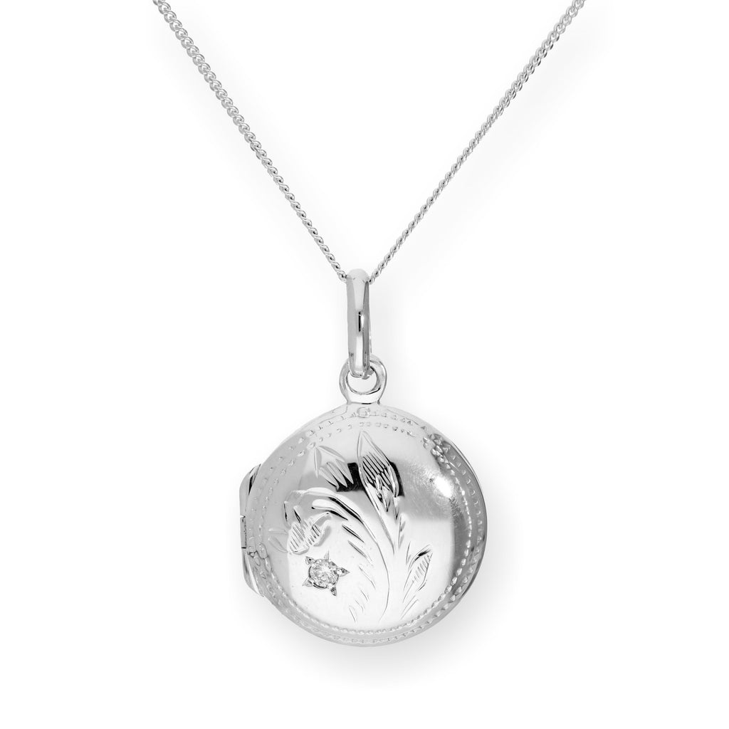 Graviertes rundes Medaillon aus Sterlingsilber und CZ-Kristall an einer 40–55 cm langen Kette