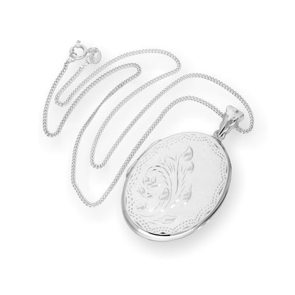 Großes graviertes ovales Medaillon aus Sterlingsilber mit Kette, 16–24 Zoll