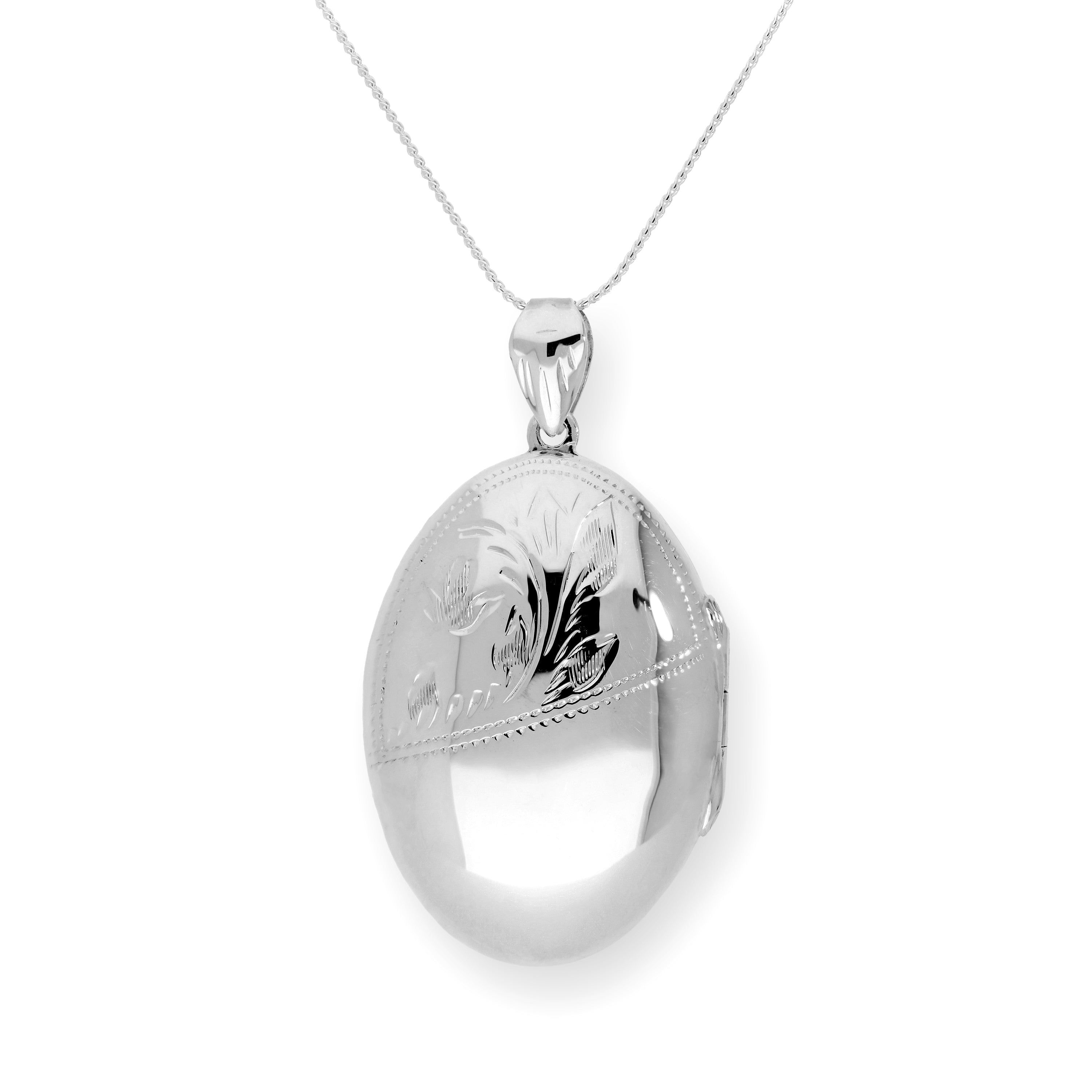 Großes ovales Medaillon aus Sterlingsilber mit Blumenmuster und Gravur, 16–22 Zoll