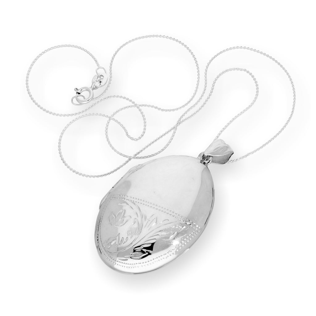 Großes ovales Medaillon aus Sterlingsilber mit Blumenmuster und Gravur, 16–22 Zoll