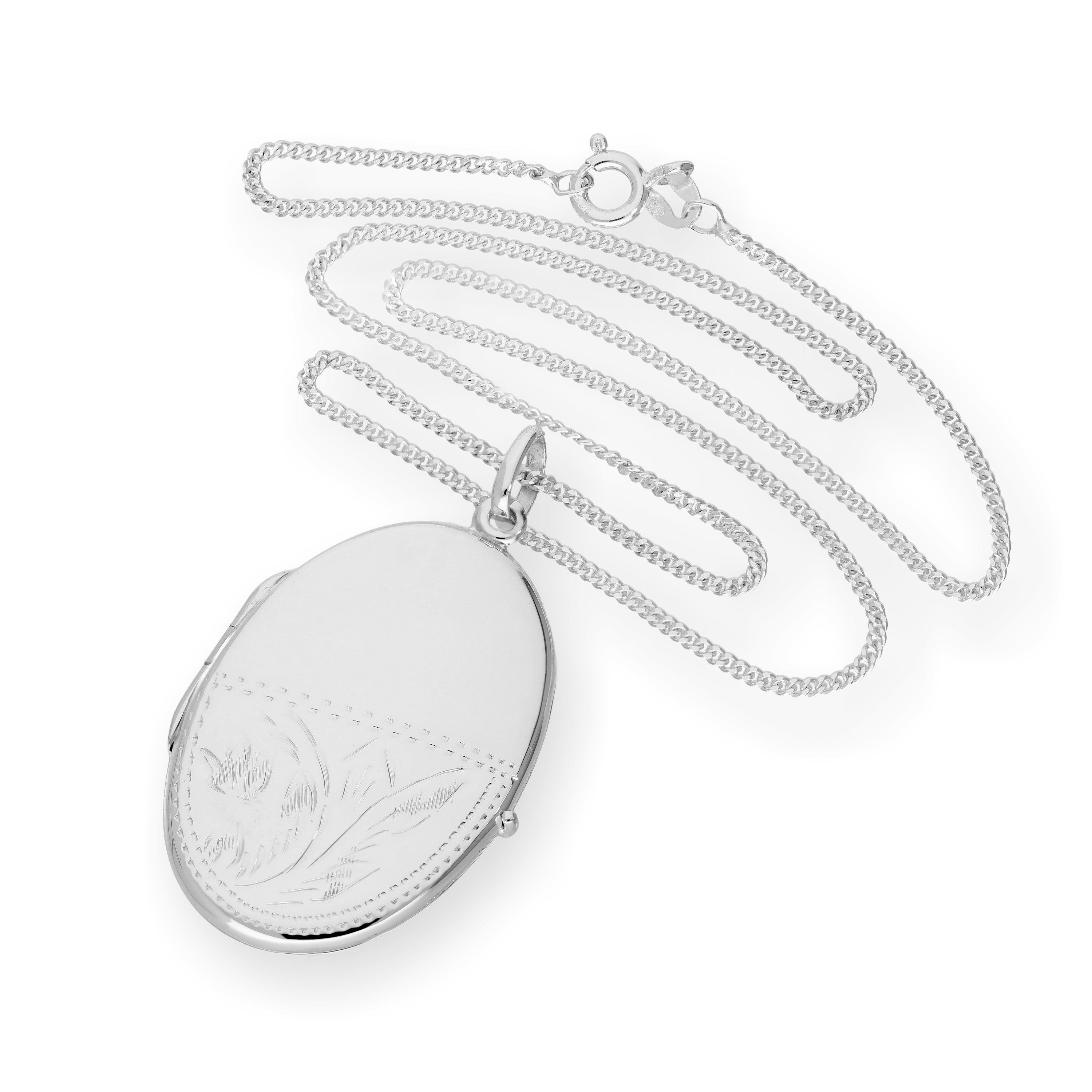 Großes gravierbares ovales Medaillon aus Sterlingsilber mit Kette, 16–24 Zoll