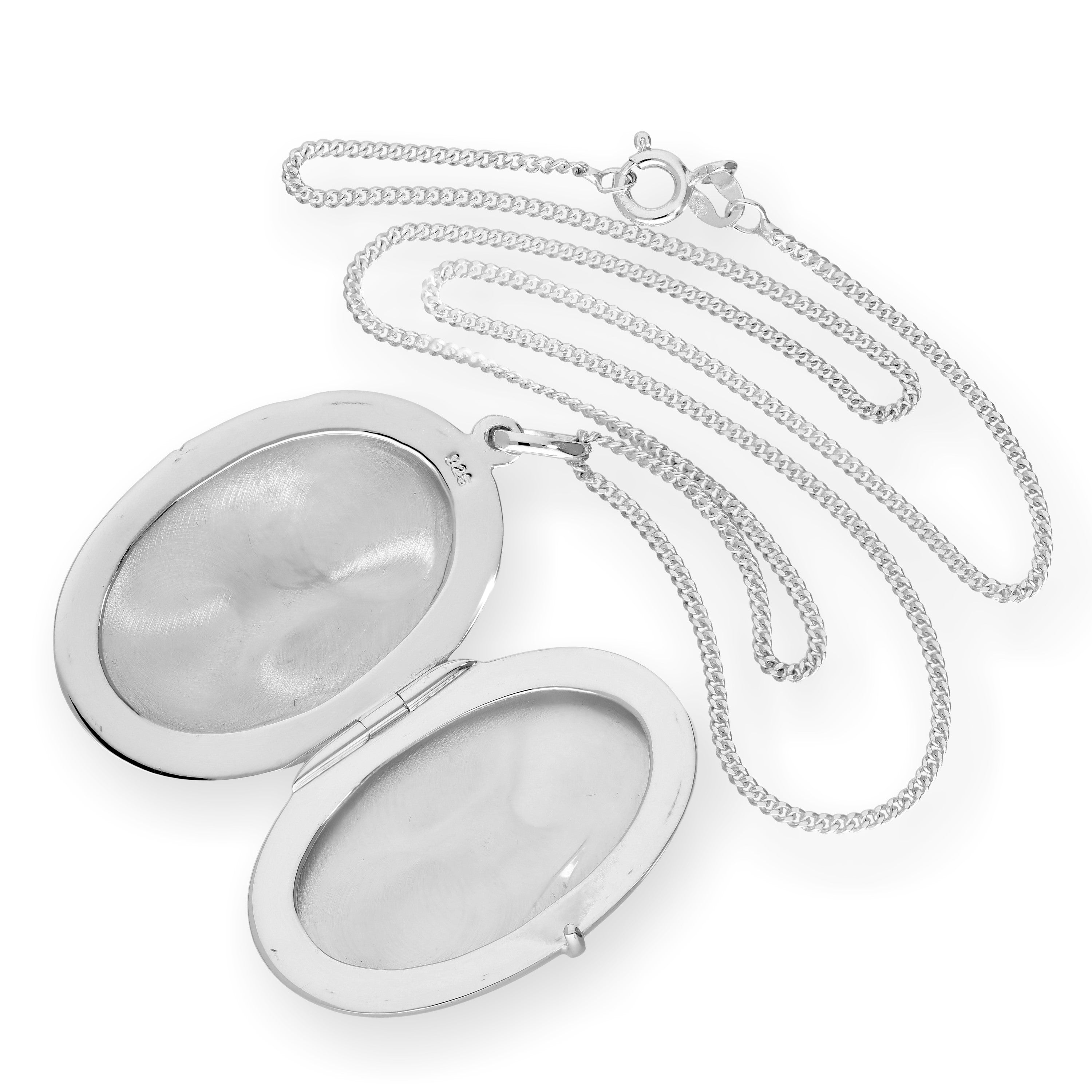 Großes gravierbares ovales Medaillon aus Sterlingsilber mit Kette, 16–24 Zoll