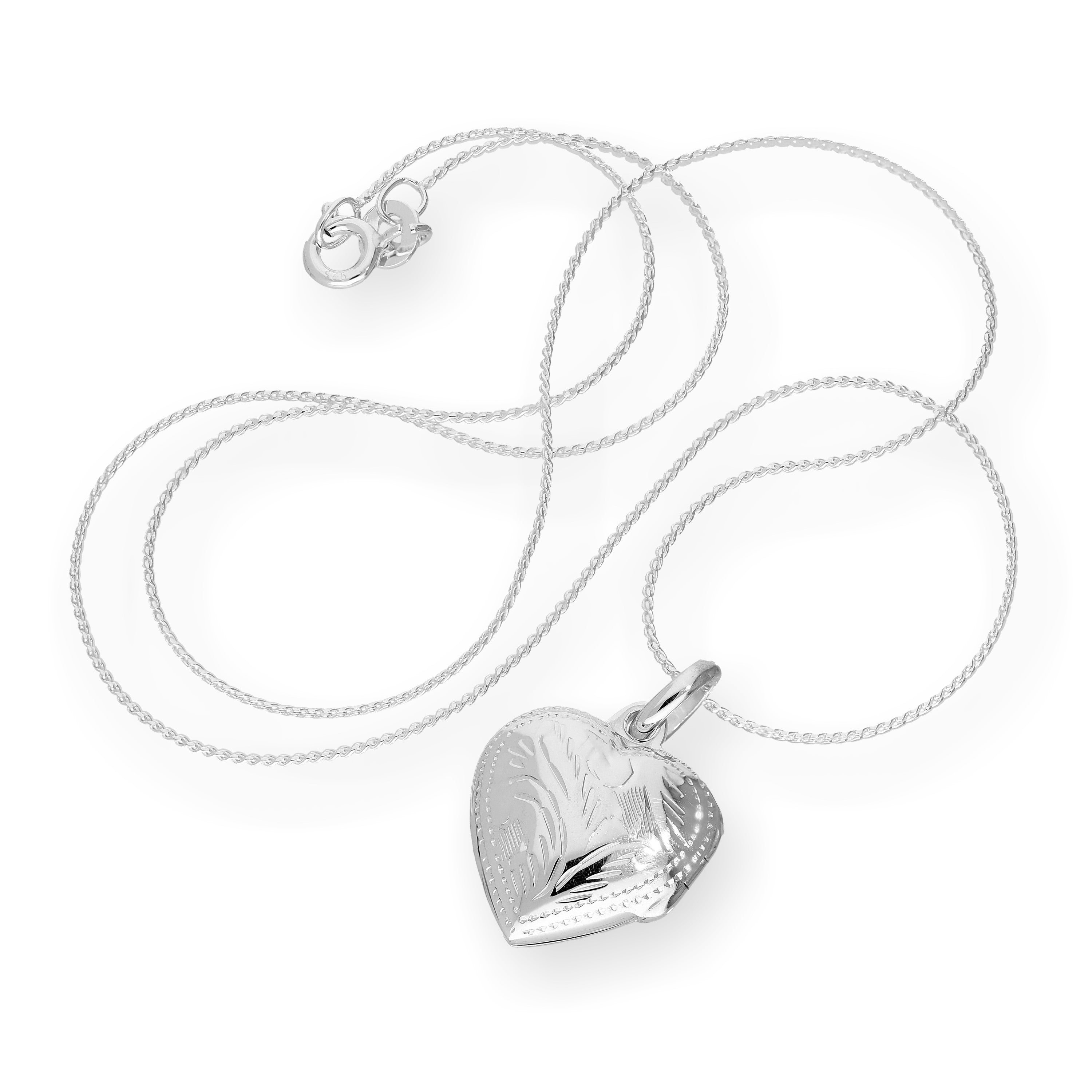 Sterlingsilber graviertes aufgeblasenes Herzmedaillon an einer Kette 16 - 22 Zoll