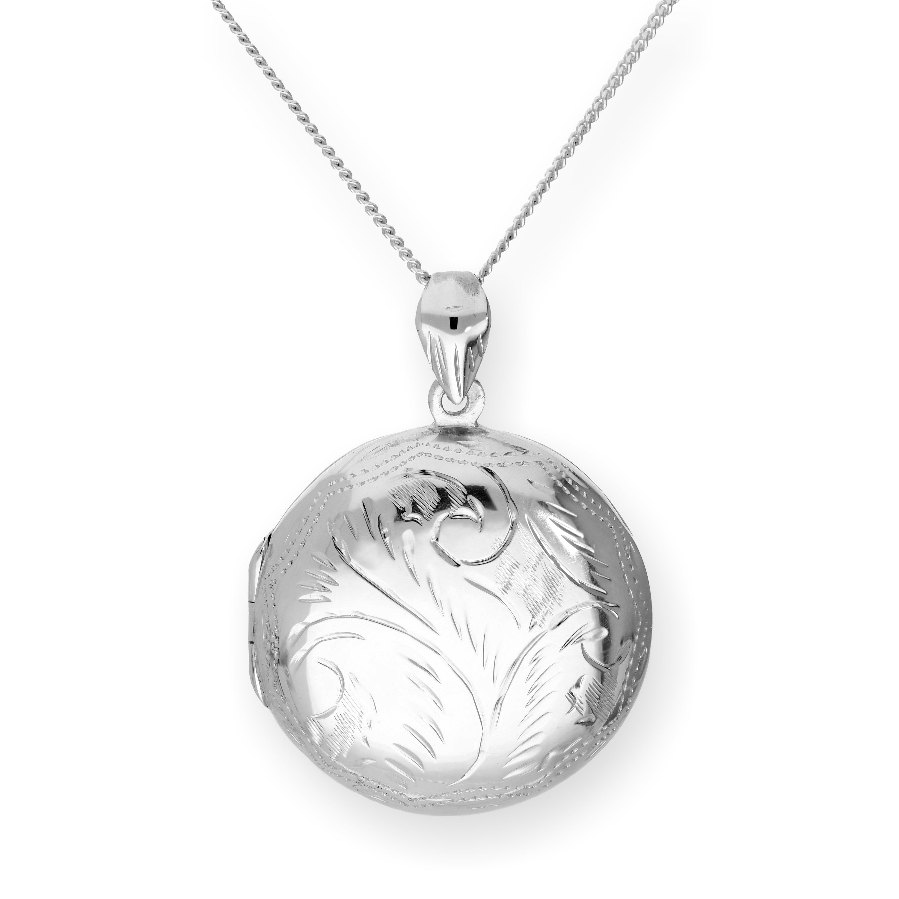Großes graviertes rundes Medaillon aus Sterlingsilber an einer Kette, 40–60 cm