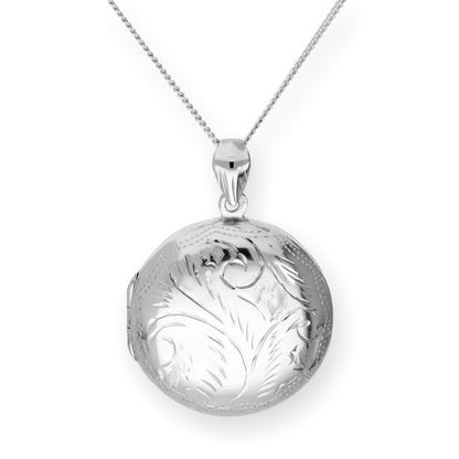 Großes graviertes rundes Medaillon aus Sterlingsilber an einer Kette, 40–60 cm