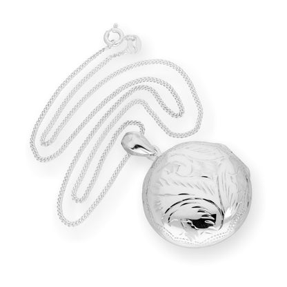 Großes graviertes rundes Medaillon aus Sterlingsilber an einer Kette, 40–60 cm