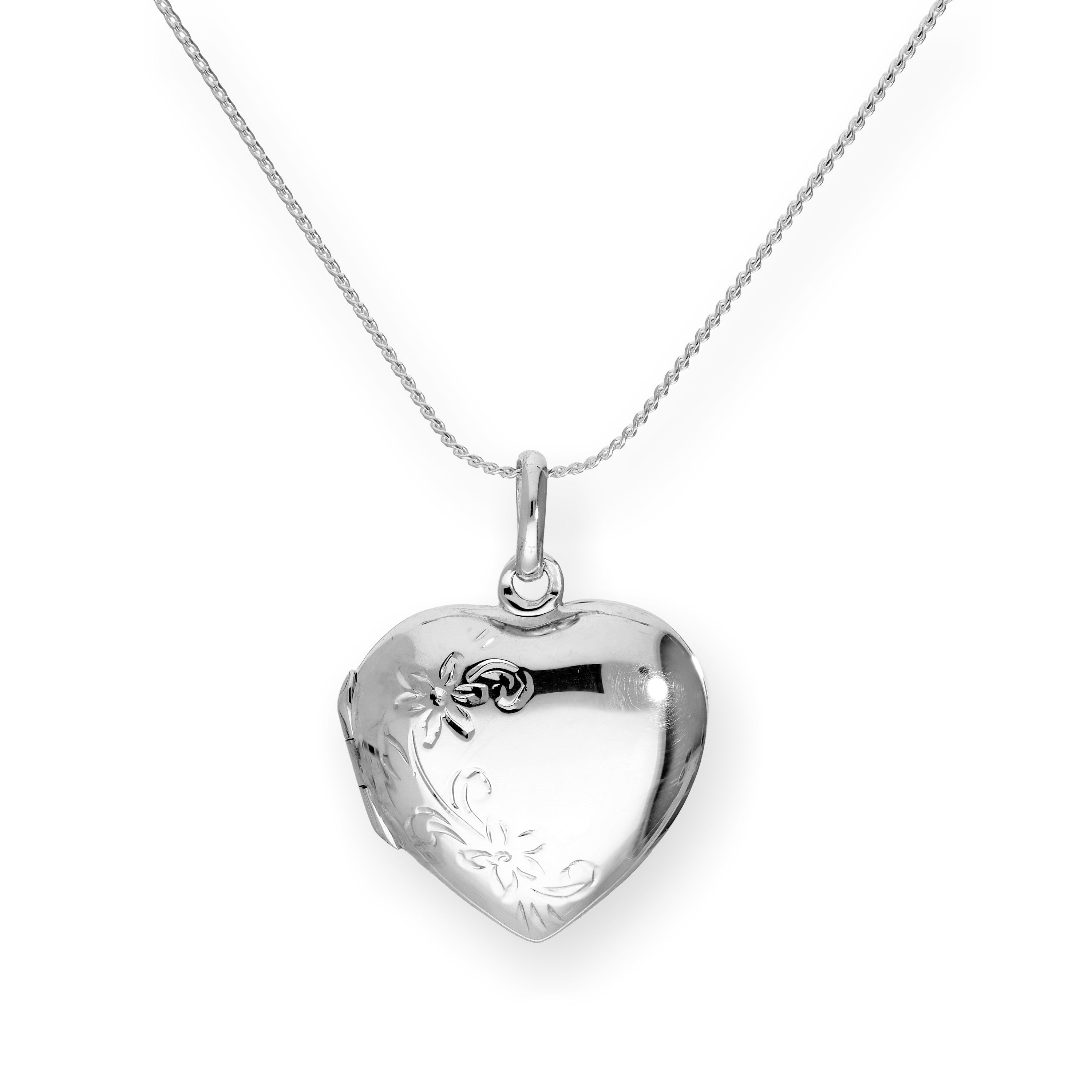 Sterlingsilber gravierbares Blumenherz-Medaillon an einer Kette 16–22 Zoll