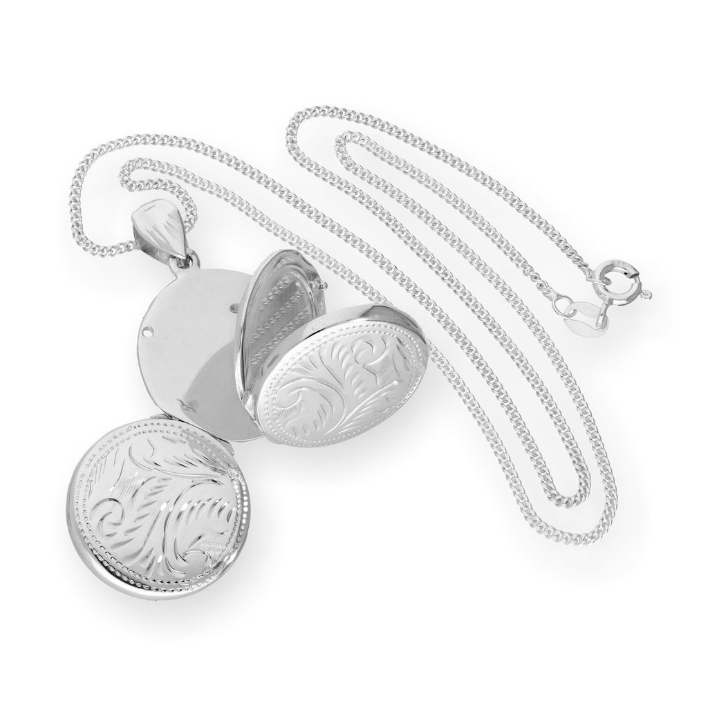 Graviertes rundes Familienmedaillon für 4 Fotos aus Sterlingsilber mit Kette, 40 - 60 cm