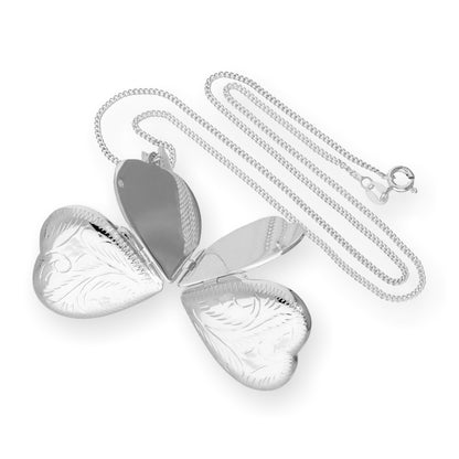 Großes Sterling Silber 4 Foto graviertes Herz-Familienmedaillon an einer Kette 16–24 Zoll