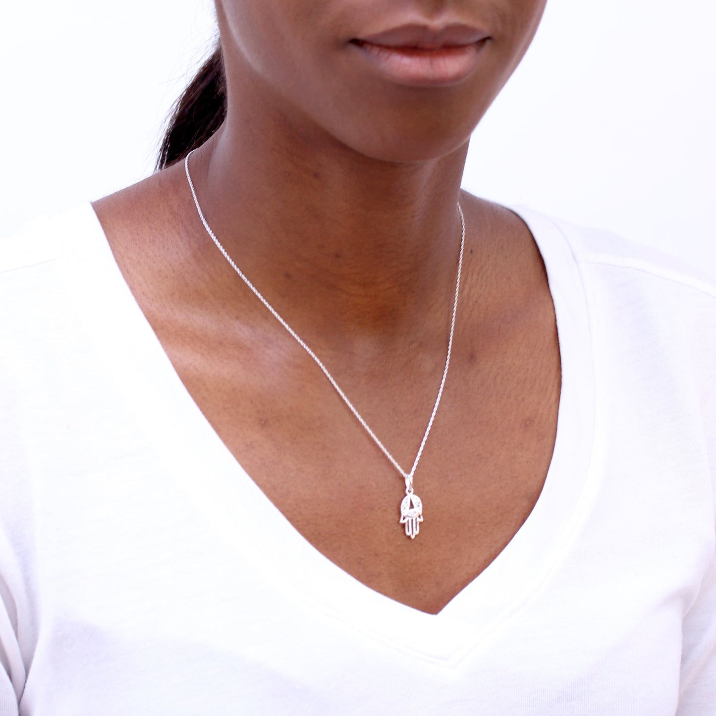 Halskette mit Hamsa-Anhänger aus Sterlingsilber und klarem CZ-Kristall, 16–22 Zoll