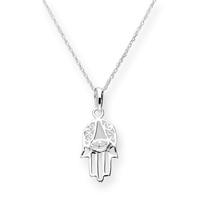 Halskette mit Hamsa-Anhänger aus Sterlingsilber und klarem CZ-Kristall, 16–22 Zoll