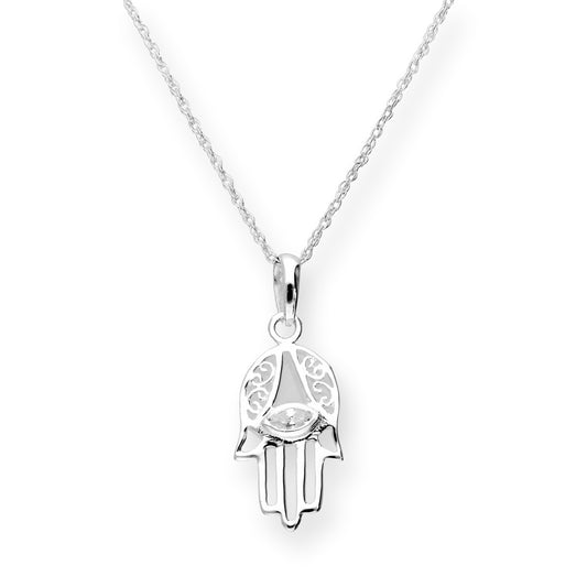 Halskette mit Hamsa-Anhänger aus Sterlingsilber und klarem CZ-Kristall, 16–22 Zoll