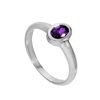 Sterling Silber & Amethyst CZ-Kristall, ovaler Geburtssteinring für Februar, Größen J - U