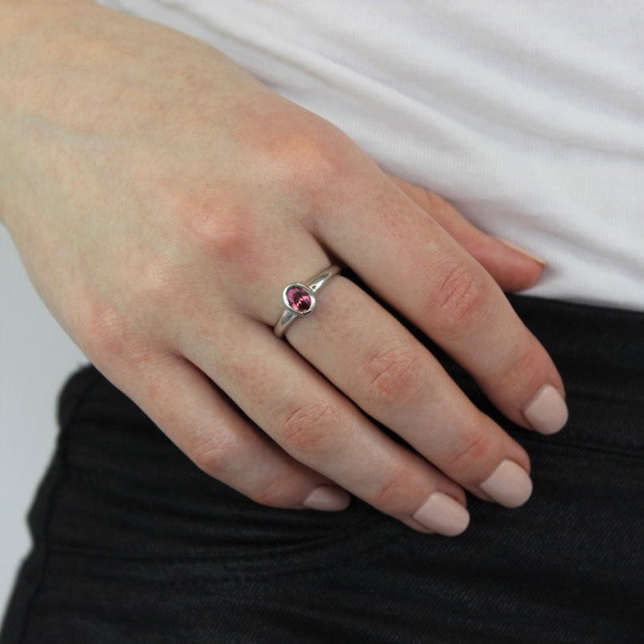Sterlingsilber & Turmalin CZ Kristall Oval Oktober Geburtsstein Ring Größen J - U
