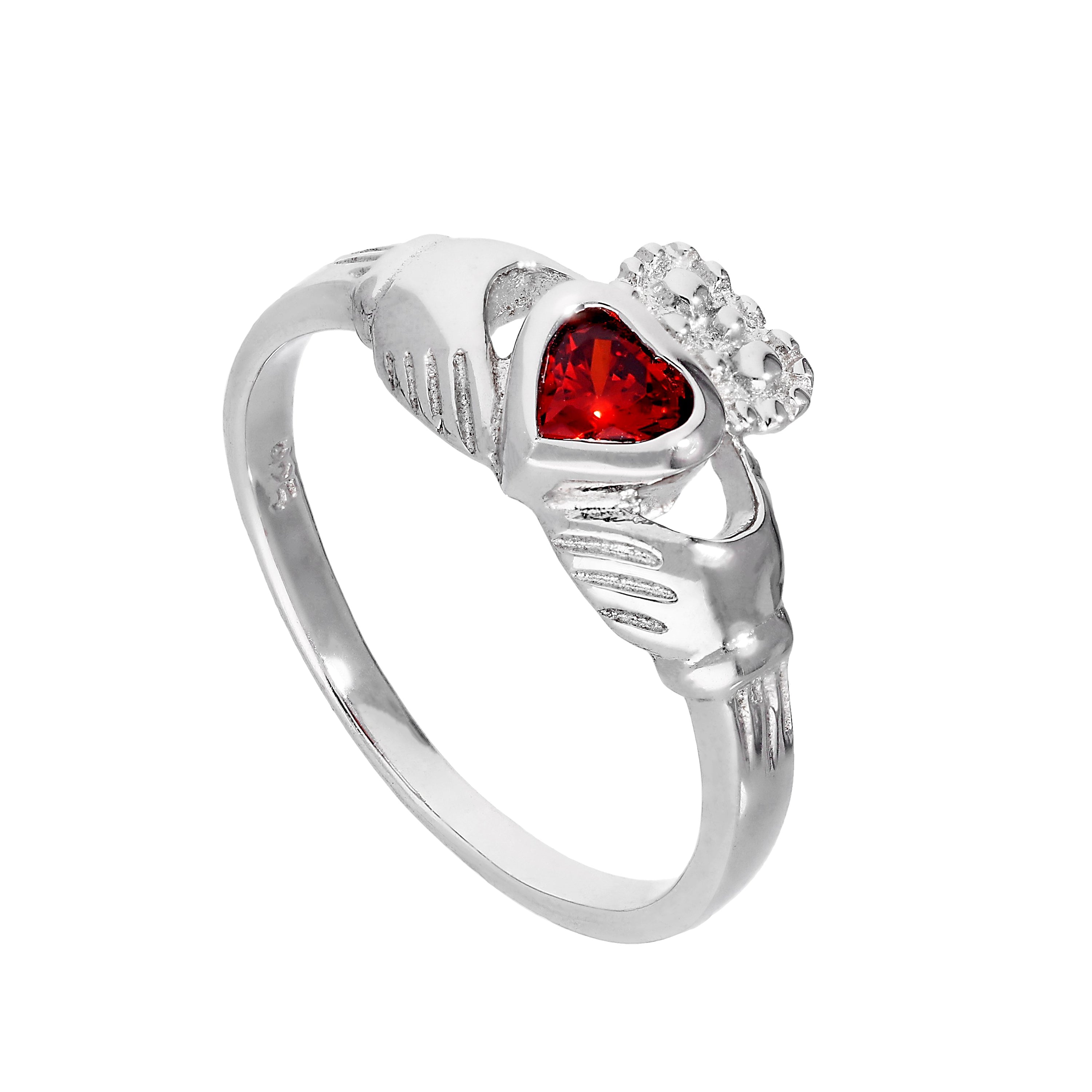 Sterlingsilber & Granat CZ-Kristall Januar-Geburtsstein Claddagh-Ring Größen I - U