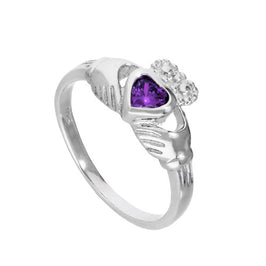 Sterlingsilber & Amethyst CZ-Kristall Februar-Geburtsstein Claddagh-Ring I - U