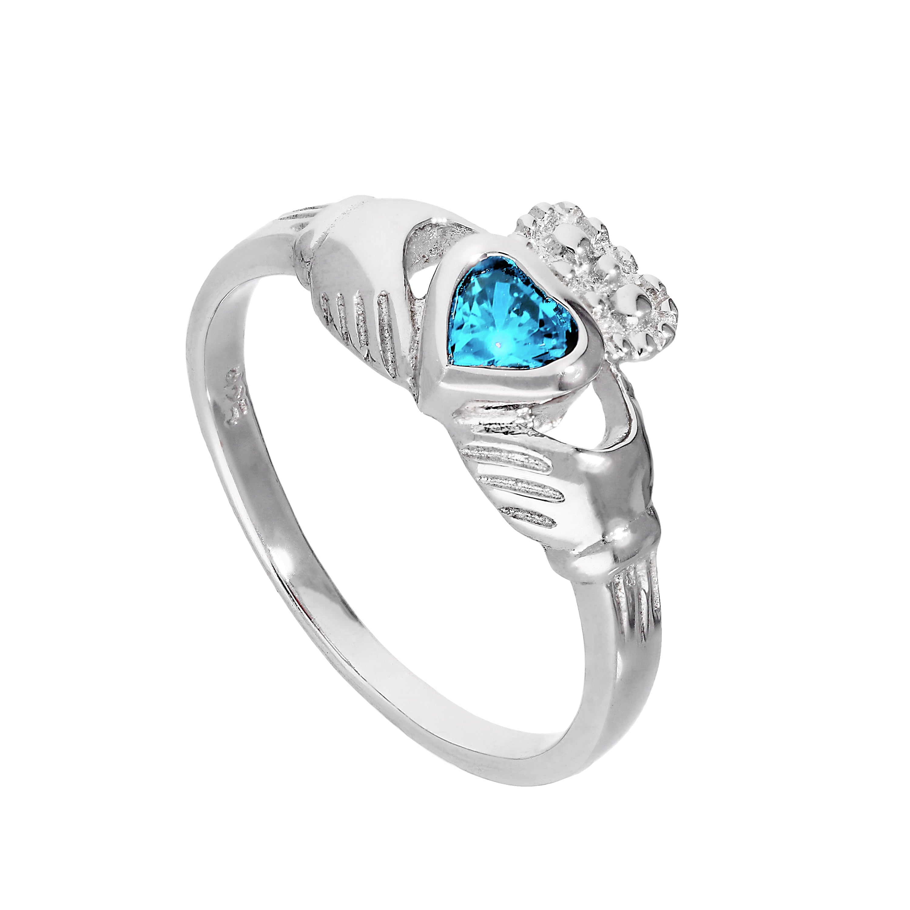 Claddagh-Ring aus Sterlingsilber mit Aquamarin-CZ-Kristall, Geburtsstein für März, Größen 15–20