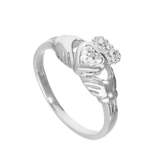 Claddagh-Ring aus Sterlingsilber mit klarem CZ-Kristall, Geburtsstein für April, Größen I–U