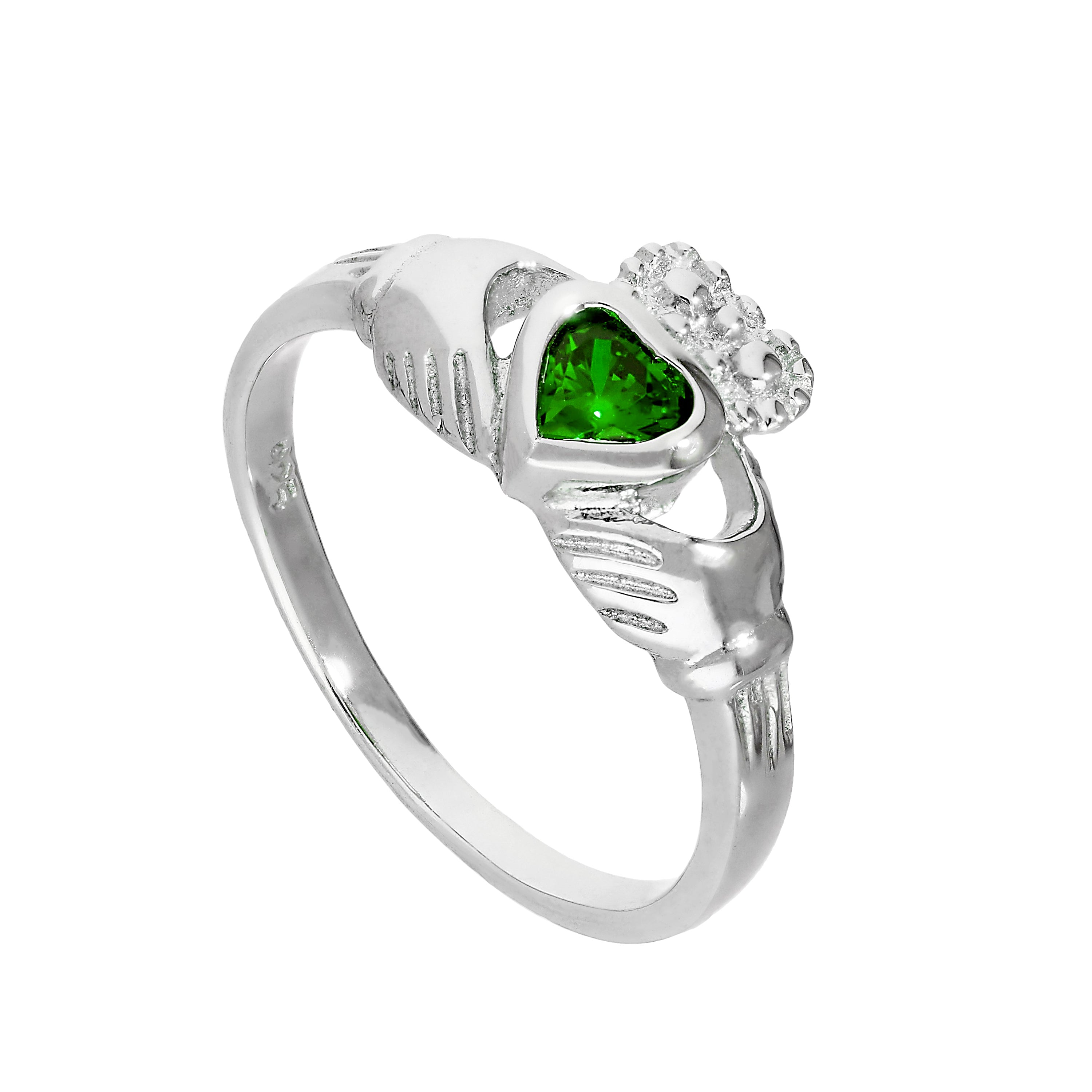 Sterlingsilber & Smaragd CZ-Kristall Mai-Geburtsstein Claddagh-Ring Größen I - U