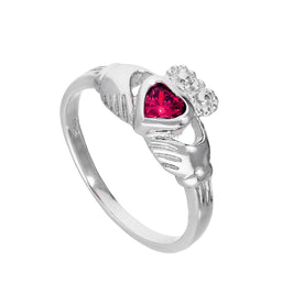 Sterlingsilber & Rubin CZ Kristall Claddagh-Ring mit Geburtsstein für den Monat Juli Größen I - U
